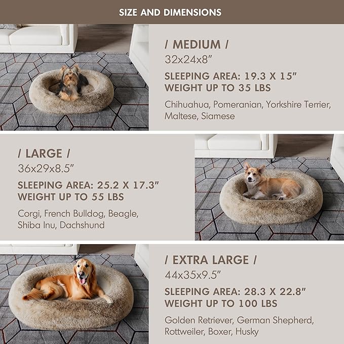 Cozzze Medium Sized Orthopedic Dog Beds, Donut Calming Pet Beds with Comfort Foam Support, Fluffy Non-Slip Couch for Dog and Cat, with Washable and Indestructible Cover, 32 Inches, Beige