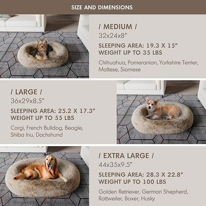 Cozzze Medium Sized Orthopedic Dog Beds, Donut Calming Pet Beds with Comfort Foam Support, Fluffy Non-Slip Couch for Dog and Cat, with Washable and Indestructible Cover, 32 Inches, Beige
