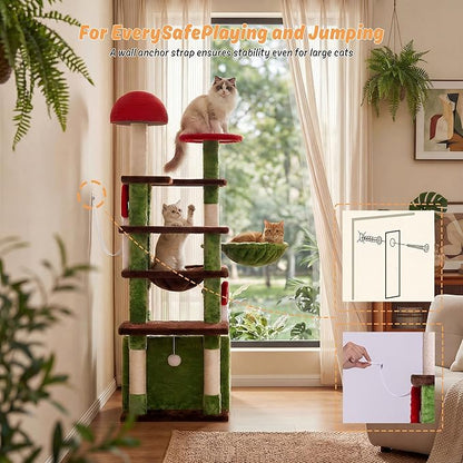 IRONCK Mushroom Cat Tree for Indoor Cats, 58" Multi-Level Cat Tower with Scratching Posts, Anti-Tip Extra Wide Base, Plush Cat Condo & Hammock Furniture for Cats, Easy Assembly
