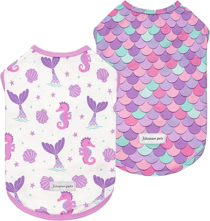Fitwarm 2 Pack Mermaid & Scale UPF 50+ UV Sun Protection Dog Shirt, Lightweight Cooling Vest, Quick Dry Summer Clothes for Small Dogs Girl, Pet Outfit, Purple, Pink, White, XXL