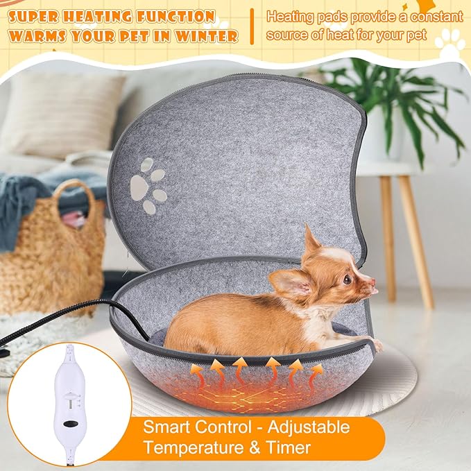 Beeveer Heated Cat Bed, Indoor Heated Cat Cave, Warmer Thermal Pet Bed with Removable Waterproof Heater for Kitty Small Dogs Gray(19.7X 17.8 x 13 Inches)