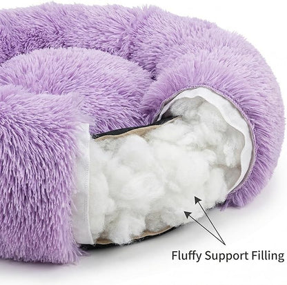 Tiny Dog Bed 11.8 Inch for Extra Small Dogs,Washable Puppy Bed,Soft Faux Fur Calming Donut Bed for Chihuahua Yorkie Maltese Pomeranian,Purple and White