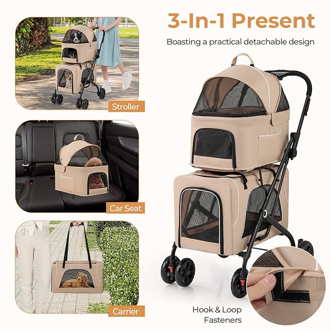 4-in-1 Double Pet Stroller with 2 Detachable Carriers, Foldable Dog Cat Travel Stroller for Small Medium Pets, Travel Cat Bag with Safety Belt & Lockable Wheels, Beige