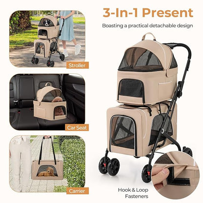 4-in-1 Double Pet Stroller with 2 Detachable Carriers, Foldable Dog Cat Travel Stroller for Small Medium Pets, Travel Cat Bag with Safety Belt & Lockable Wheels, Beige