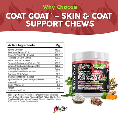 Clean Pets Salmon Oil Omega 3 Fish Oil for Dogs Skin and Coat Supplement | Dog Collagen Aloe Vera Biotin Keratin Flaxseed Nettle Leaf Sea Kelp Hyaluronic Acid Brewers Yeast Vitamin A - Coat Goat