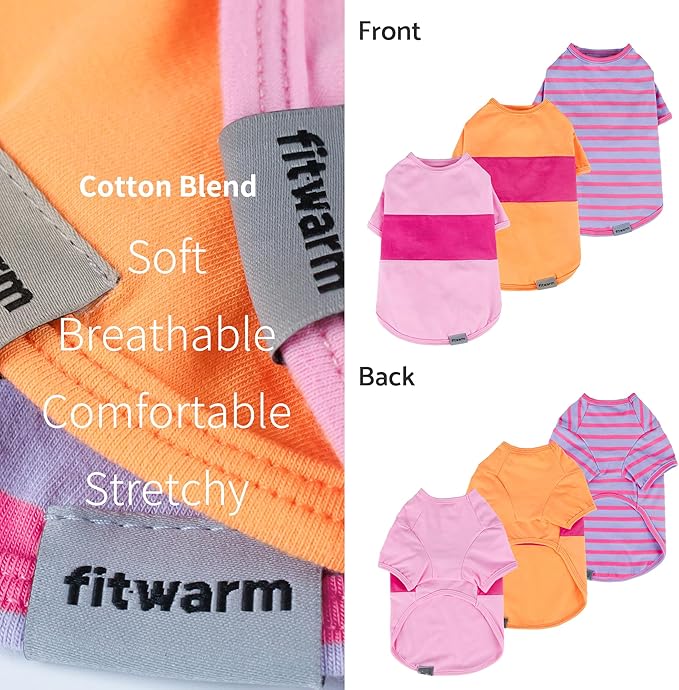Fitwarm 3 Pack Color Block Striped Dog Shirt, Summer Dog Clothes for Small Dogs, Breathable Lightweight Dog Tshirt, Pet Outfit, Pink, Orange, Purple, Small
