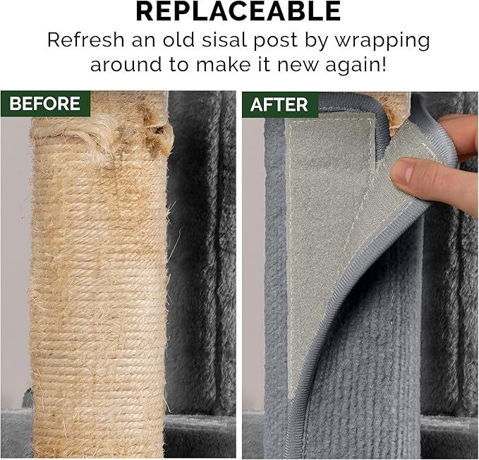 Furhaven Wrap Around Scratching Post Cover for Indoor Cats, Fits Posts Up to 3.5" Diameter, Durable & Less Mess - Tiger Tough Carpet Scratch Mat - Gray, Large