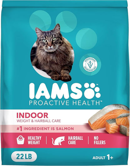 IAMS Proactive Health Dry Cat Food, Indoor Weight and Hairball Care Cat Food Dry Recipe, with Salmon, 22 lb. Bag