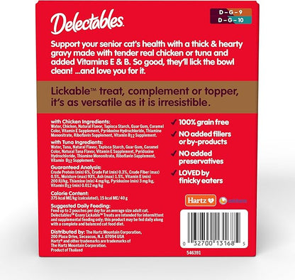 Delectables Lickable Treat Gravy Senior 10+ Variety Wet Cat Treat & Food Topper, Food Topper, Hydrating, Grain-Free, No Fillers, No by-Products, No Added Preservatives, 1.4-oz Pouch, 12 Count