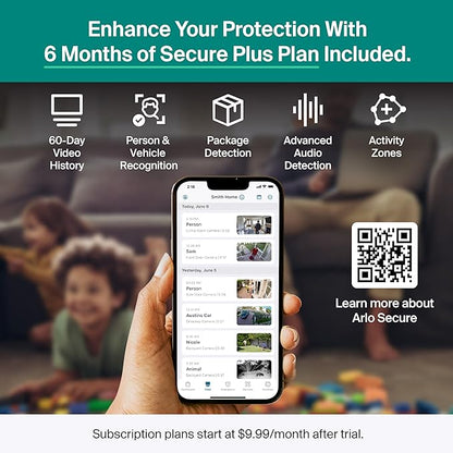 Arlo Essential Security Camera 2K (2025 Release) + 6 Months of Secure Plus Plan - Continuous Wired Plug-in Power Outdoor Camera, Person Recognition, Package Detection, Animated Preview, 1 Cam, Black