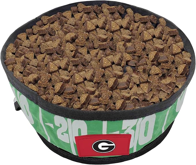 Pets First NCAA Georgia Bulldogs Collapsible Dog Travel Bowl, Food and Water Bowl for Dogs & Cats. Lightweight Leak-Proof Pet Bowl for Travel with Football Field & Pebble-Grain Design