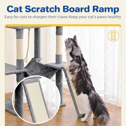 ABCPET Cat Tree Tower 63in Multi-Level Cat Tower for Indoor Cats with Sisal Scratching Posts, Condo, Hammock, Dangling Ball and Extended Platform for Cats to Play, Light Grey