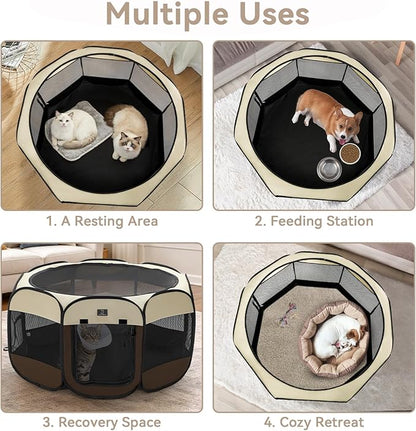Dog Playpen for Small Dogs & Puppies, 40.55" Portable Indoor Outdoor Puppy Playpen with Bowl, Waterproof Floor, Foldable Pop-Up Pet Pen for Home, Travel & Daily Use, Brown+Beige