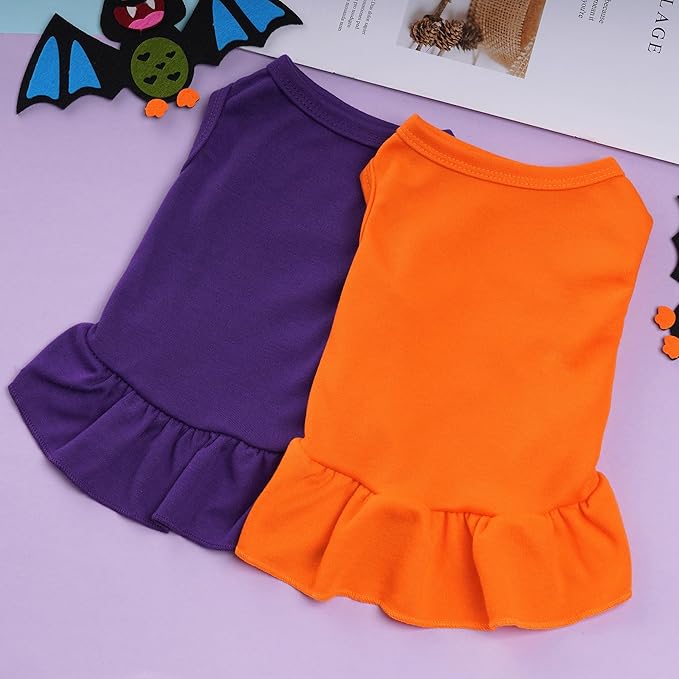 2 Pcs Dog Dresses Cat Skirt Solid Color Dog Clothes Summer Sleeveless Puppy Girl Clothes for Small Pet Dogs Cats (Purple,Orange, Large)
