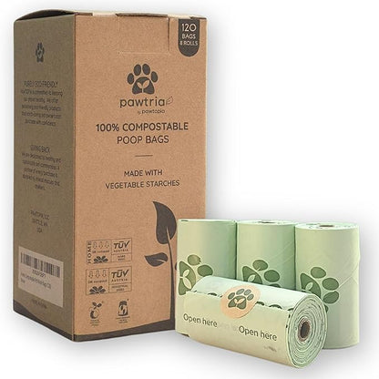 Pawtria Certified Home Compostable Dog Poop Bags (120), Poop Bags for Dogs, Cat Litter, Vegetable Starches, Dog Waste Bags, Leakproof, Easy to Open, Give Back
