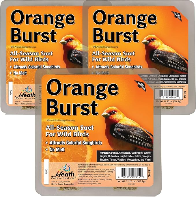 Heath Outdoor Products Orange Burst Suet Cakes Sample Pack, Contains 3 Suet Cakes, Try It, Your Birds Will Love it, for Woodpeckers, Cardinals, Siskins, Sparrows, Finchs & Many More Wild Bird Species