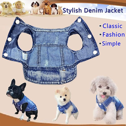Dog Jean Jacket, Blue Denim Shirt Classic Lapel Vest Coat Costume Puppy T-Shirt, Comfort Tank Top Cool Apparel, Washed Pet Clothes for Dogs Boy Girl (Blue, Medium)