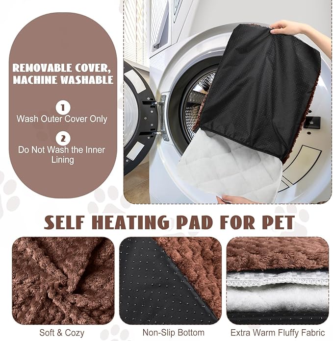 Drydiet 4 Pcs Self Heating Cat Pad Self Warming Cat Bed Dog Heating Pad Washable Thermal Pet Mat for Indoor Outdoor Pet 16 x 20 Inch Removable Non Slip(Coffee)