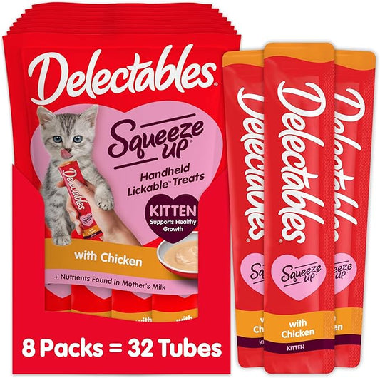 Delectables Squeeze Up Kitten Creamy Squeezable Puree, Lickable Wet Cat Treats, Grain Free, No Added Fillers, No by-Products, No Added Preservatives, 0.5 Ounces Tube Chicken, 32 Tubes Total