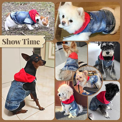 Cool Dog Jean Jacket Vest with D-Ring Blue Denim Dogs Hoodies Outfits for Small Medium Dogs Cats Boy Male Dog Clothes Costume Dogggie Puppy Harness Coat for Frenchie Walking(Red Hat,M)