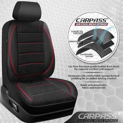 CAR PASS Air Mesh Leather Car Seat Covers Front Seats, Breathable Two Front Seat Covers for Cars, Comfortable Universal Fit for SUV Truck Sedan Automotive, Anti-Slip Airbag Compatible,Black and Red