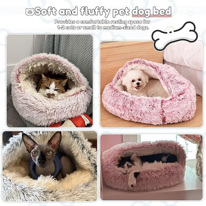 SUOXU Anti-Anxiety Cat Bed, Plush Hooded Cave, 20 in Diameter, Suitable for Small to Medium Pets, Pink