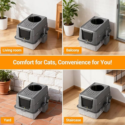 23.62" Large Stainless Steel Litter Box for Large Cats, Enclosed Cat Litter Pan with 180° Flip-Top Lid, Dual Entry Front Door & Top Entrance, Easy Clean Odor Control for Multi-Cat