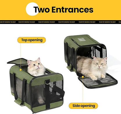 Conlun Cat Carrier Airline Approved, Soft-Sided Dog Carrier with Inner Safety Leash, Pet Transport Carrier for Small-Medium Cats Puppies up to 15 Lbs, Collapsible Travel Kitten Carrier Bag -Green M