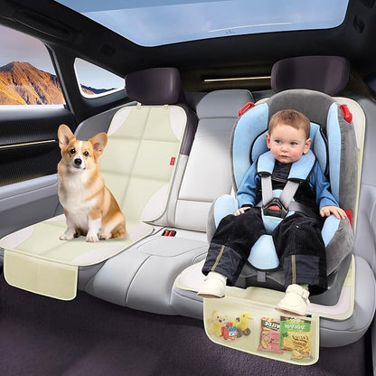 Car Seat Protector, 2 Pack 600D Fabric Seat Protector Under Baby Car Seat with Upgraded Non-Slip Backing, Thickest Padding, Mesh Storage Pockets