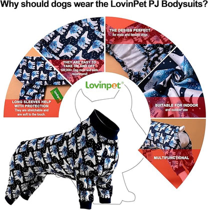 LovinPet Big Dog Pajamas, Post Surgery Onesie UV Protection, Blue Triangle Print, Lightweight Stretchy Big Dogs Pullover Shirt, Full Coverage Large Breed Dog Jammies, Pet PJ's, Medium