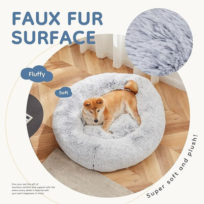 DUMOS 37.4x37.4 Inch Calming Donut Dog Beds for Large Dogs, Machine Washable Cuddler Warming Cozy Fluffy Faux Fur Plush Round Pet Bed Medium Sized Bed for Indoor Dogs and Cats, Grey