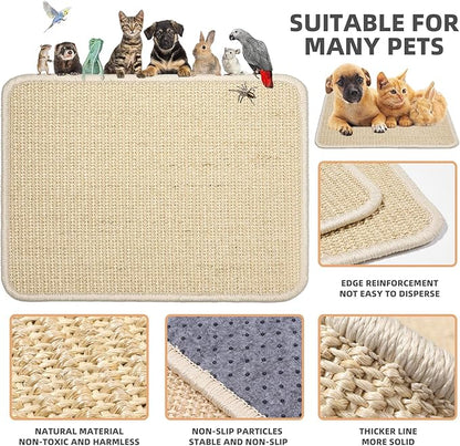 3 Pieces Rabbit Scratcher Mat, Natural Sisal Cat Bunny Floor Scratching Pad, Animal Scratch Pad Rug for Indoor Horizontal Cat Floor Scratching Mats, Furniture Protector (Beige)