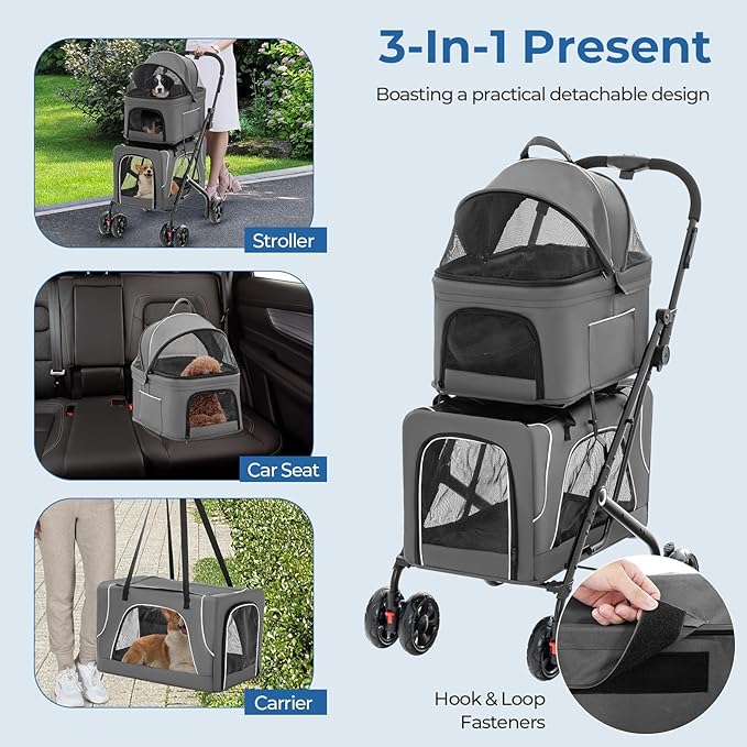 Foldable Pet Stroller, Removable Dog Stroller with 2 Front Universal Wheels, All Terrain Travel Cat Storage Bag with 2 Braked Rear Wheels, Pet Safety Seat, Gray