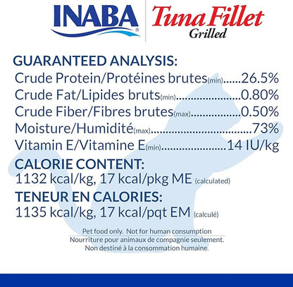 INABA Premium Hand-Cut Grilled Tuna Fillet Cat Treats/Topper with Vitamin E and Green Tea Extract, 0.52 Ounces Each, Pack of 6, Homestyle Broth