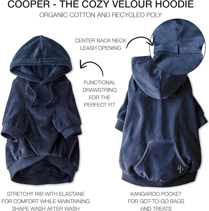 Pet Passion Cooper II Organic Cotton Velour Dog Hoodie Pet Coat for Small, Medium and Large Dogs, Navy, XX-Small (4-7 lbs)