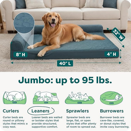 Furhaven Orthopedic Dog Bed for Large Dogs w/ Removable Bolsters & Washable Cover, For Dogs Up to 95 lbs - Pinsonic Quilted Paw L Shaped Chaise - Bluestone, Jumbo/XL