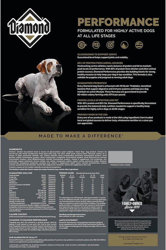Diamond Performance All Life Stages Dry Dog Food 30/20 for Highly Active, Hard Working & Athletic Dogs 40lb Bag