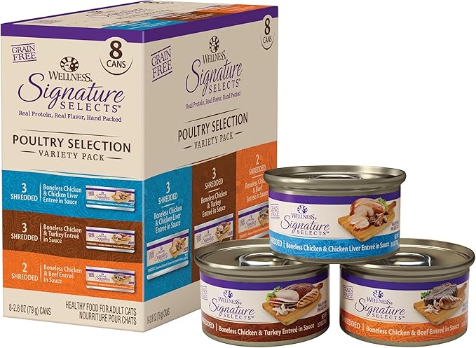 Wellness CORE Signature Selects Variety Pack Adult Canned Wet Cat Food, Natural, Protein Rich, Grain Free, Poultry Recipes, 2.8 oz, Pack of 8 Cans