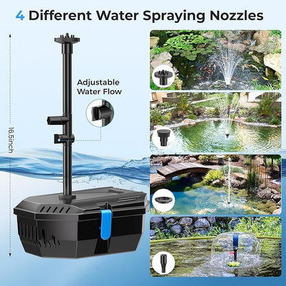 Pond Filter with 12W Solar Fountain Pump, Solar Pond Filter with 160GPH Pump & Fountain Kit, Outdoor Filter Box with 6.6FT PVC Tubing, Perfect for Ponds Clean, Clear, and Add Water Features