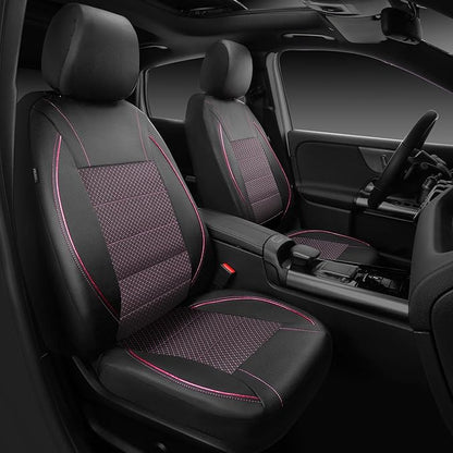 CAR PASS Piping PU Leather Car Seat Cover Full Set,Inside Zipper Design and Reserved Opening Holes，Airbag Compatible,Universal FIT for Car, SUVs,Van,Trucks（Full Set, Black & Pink）