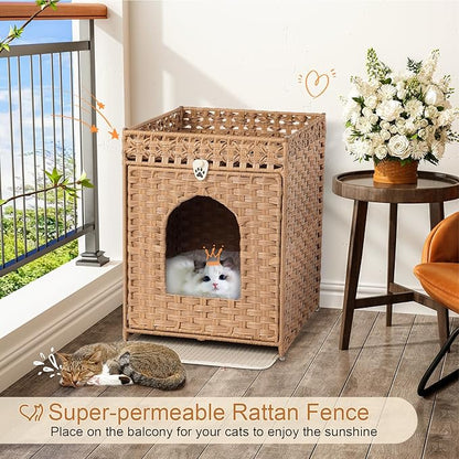 Snughome Cat Litter Box Enclosure Furniture Hidden with Litter Mat, Hidden Washroom Furniture with Door, Handwoven Rattan Cat Washroom Box, Indoor Pet House for Living Room, Bedroom(Natural)