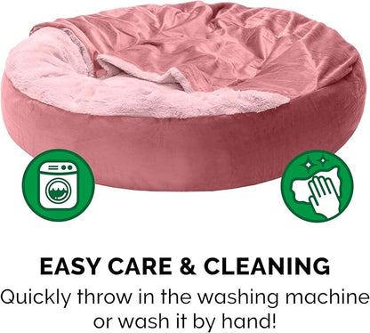 Furhaven 24" Round Calming Donut Dog Bed for Indoor Cats & Small Dogs, Washable, For Dogs Up to 20 lbs - Plush Velvet Waves Hooded Donut Bed - Rose Pink, Small