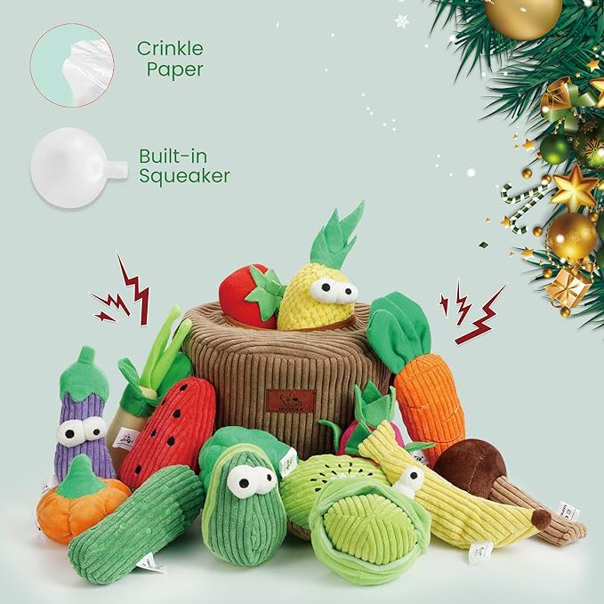 Nocciola Squeaky Fruits Veggies Stuffed Dog Toys Pack- Hide Seek Grocery Basket Crinkle Plush Puppy Toys to Keep Busy, Birthday Pet Supplies Gifts for Small Medium Breeds