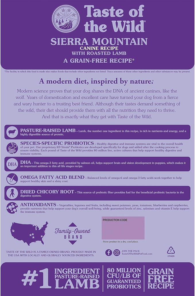 Taste of the Wild Sierra Mountain Grain-Free Canine Recipe with Roasted Lamb Dry Dog Food for All Life Stages, Made with High Protein from Real Lamb and Guaranteed Nutrients and Probiotics 14lb