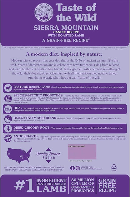 Taste of the Wild Sierra Mountain Grain-Free Canine Recipe with Roasted Lamb Dry Dog Food for All Life Stages, Made with High Protein from Real Lamb and Guaranteed Nutrients and Probiotics 28lb