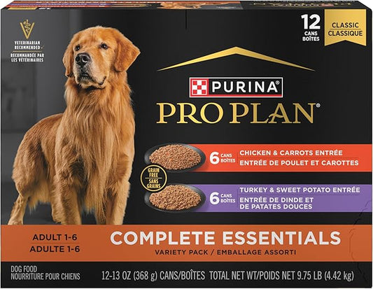 Purina Pro Plan Wet Dog Food Grain Free Complete Essentials Variety Pack,Chicken and Carrots and Turkey-and Sweet Potato Entrees - 13 oz. Cans,(Pack of 24)