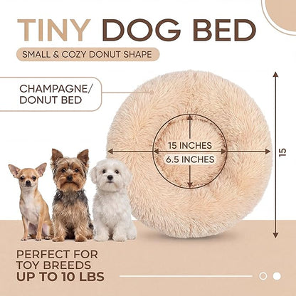 Tiny Dog Bed 15 Inch for Extra Small Dogs,Washable Puppy Bed,Soft Faux Fur Calming Donut Bed for Chihuahua Yorkie Maltese Pomeranian,Light Brown