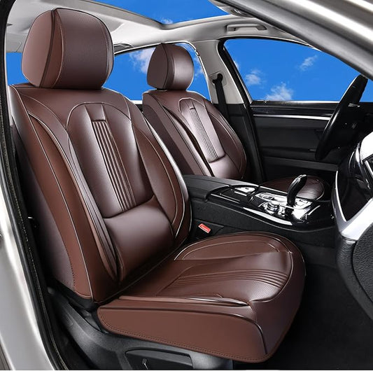 Huidasource Brown Front Seat Covers, Nappa Leather Front Car Seat Covers with Lumbar Support, Ventilation Holes, Side Elastic Fabric, Airbag, Full-Coverage Seat Covers, for Most Cars SUV Trucks, Brown