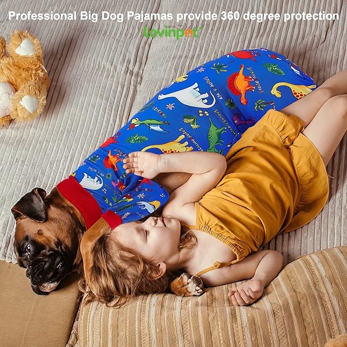 LovinPet Pitbull Large Dog Clothes, Wound Care/Post Surgery Dog Clothes, Lost World Dinosaurs Print, UV Protection, Pet Anxiety Relief, Large Dog Onesies, Pet PJ's /3XL