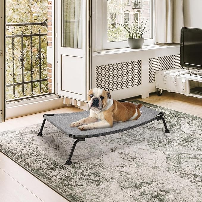 Veehoo Outdoor Elevated Dog Bed, Cooling Raised Dog Cots Beds for Medium Dogs, Portable Waterproof Curved Dogs Hammock Bed for Outside, up to 100lbs, Black Legs, Black Silver 32"
